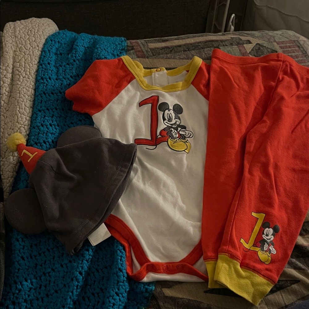 Disney Mickey Mouse Red and Yellow First Birthday Set with Hat